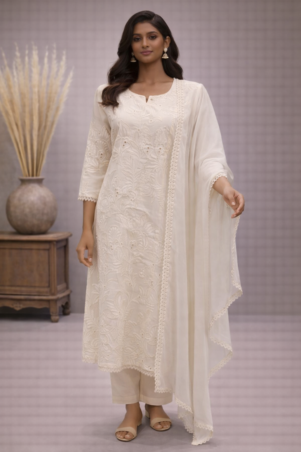 White Cotton Kurta Set with Embroidery & Dupatta | Elegant Everyday & Festive Wear